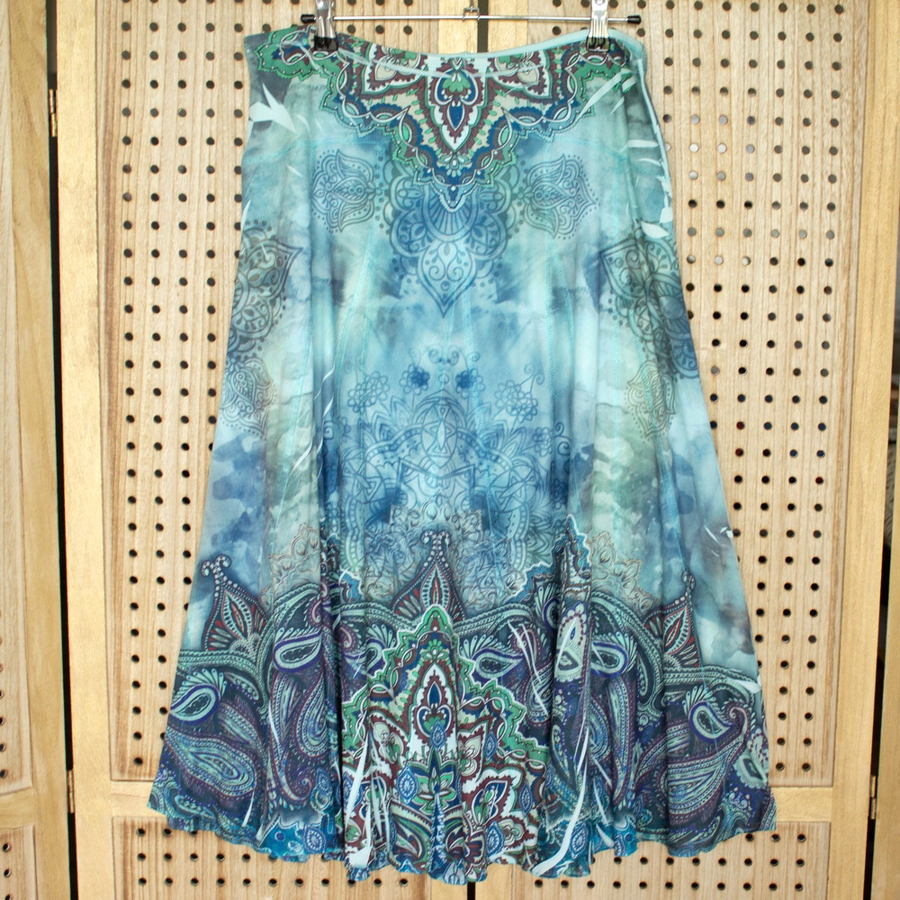One World Womens SIZE L Lined Skirt Blue Green Paisley Boho Beach Casual